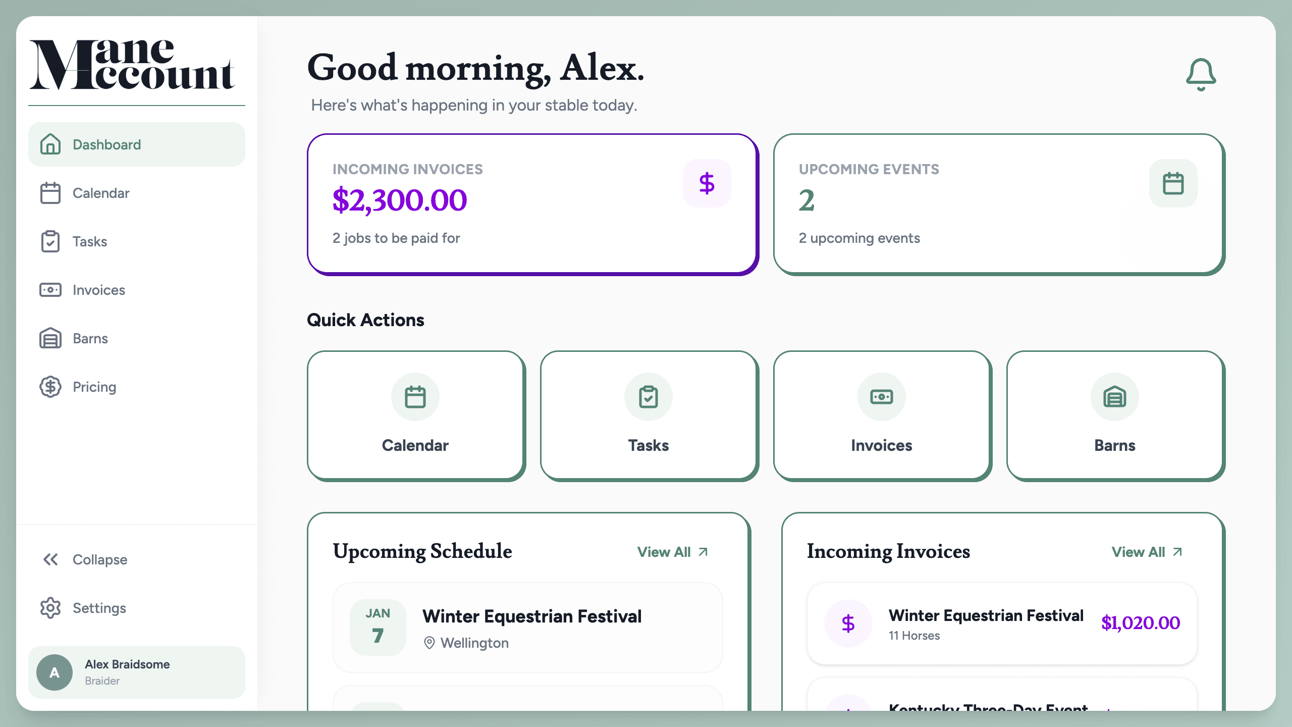 Dashboard view for Braiders showing schedule and income